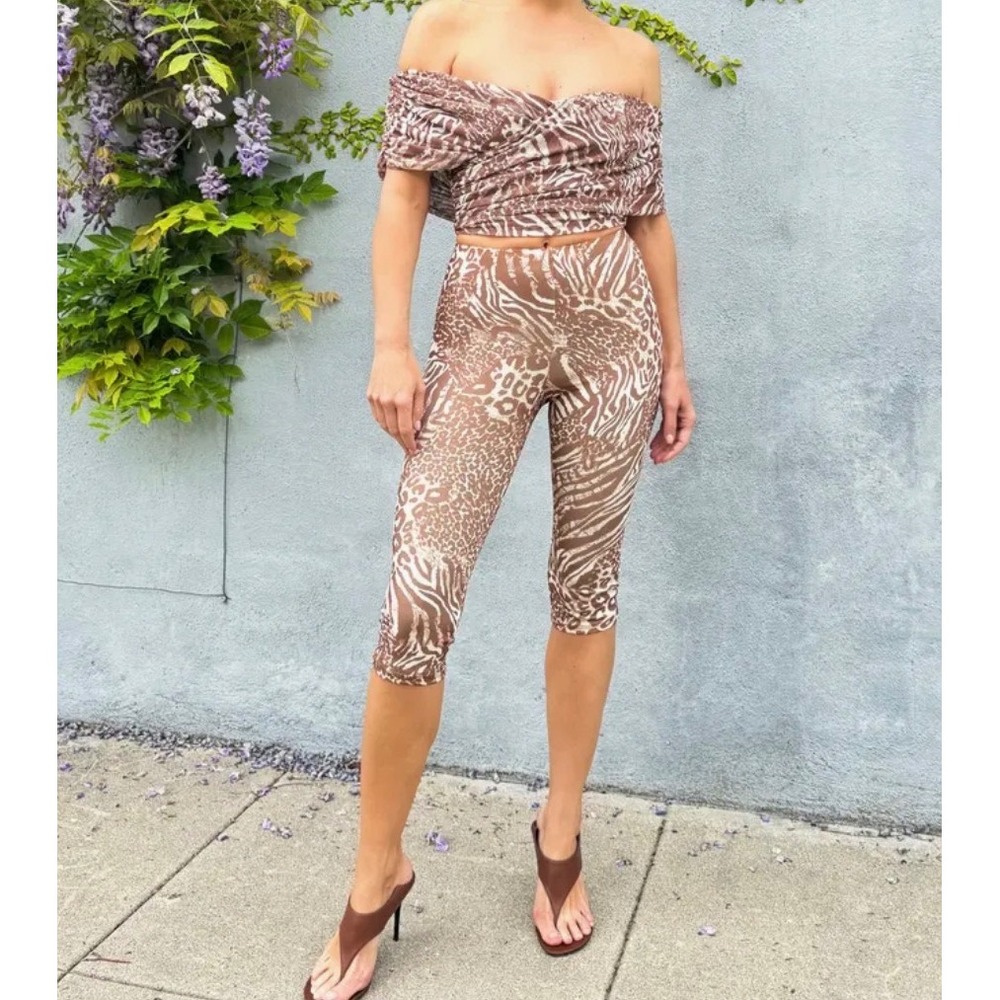 AFRM‎ Mixed Animal Print 2 Piece Set Off Shoulder Crop Top & Cropped Leggings S